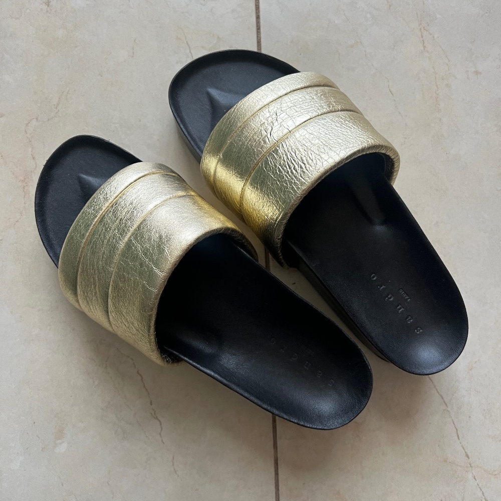 Sandro Metallic Gold Platform Slides